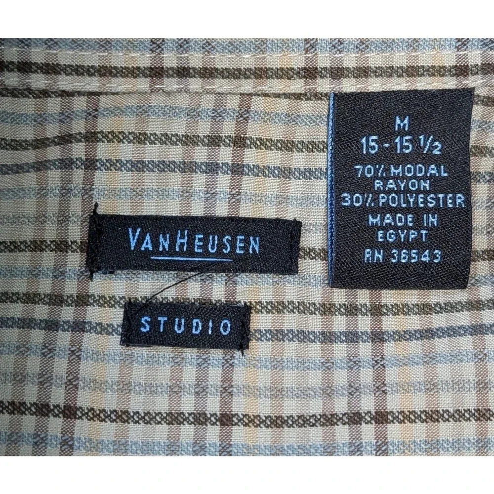 Van Heusen Studio Men's Shirt Medium Plaid Button Front Modal Blend 15-15.5